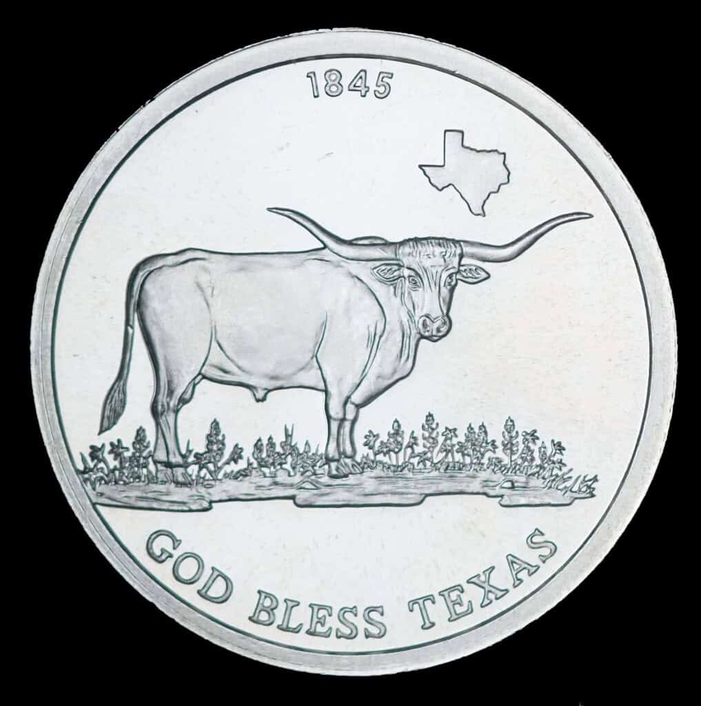 1845 God Bless Texas 1 oz Silver Round Obverse