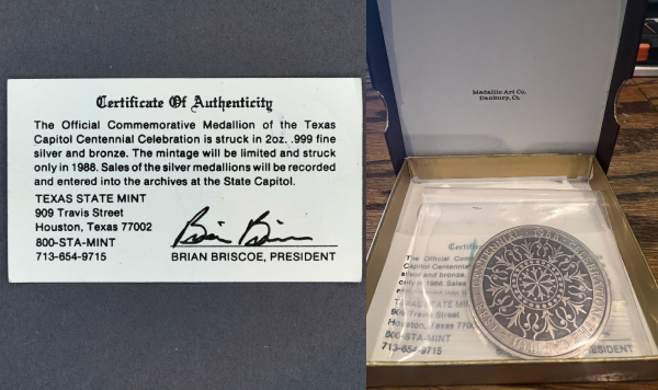 1989 Texas Capital Original Box and COA