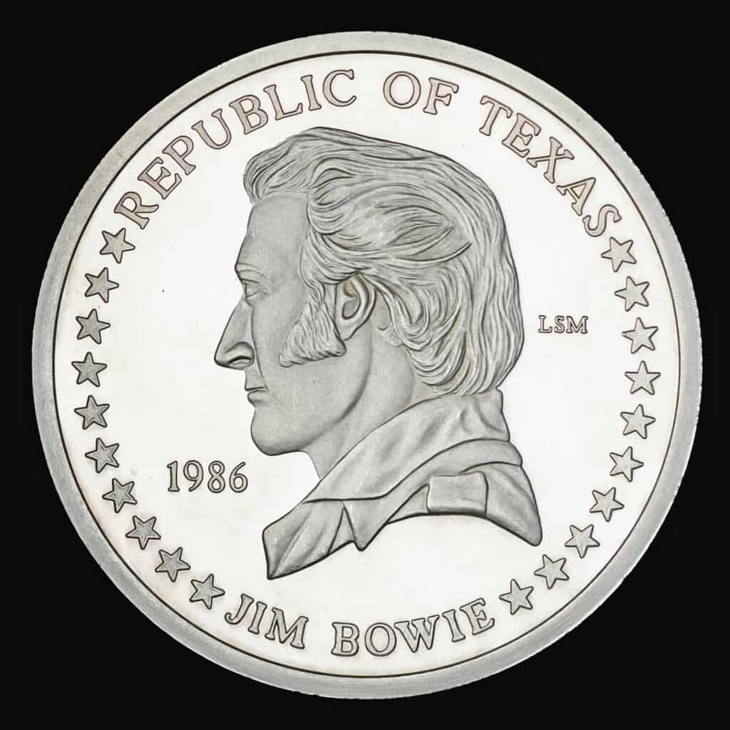 1986 Jim Bowie Silver Round Obverse