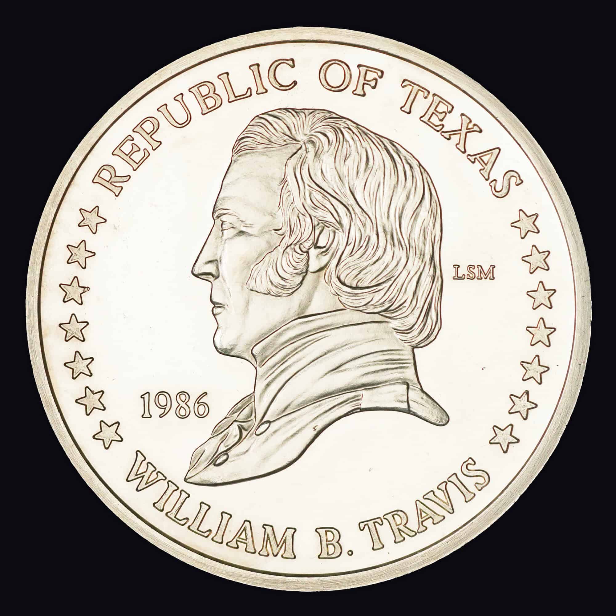 1986 William B. Travis Silver Round obverse