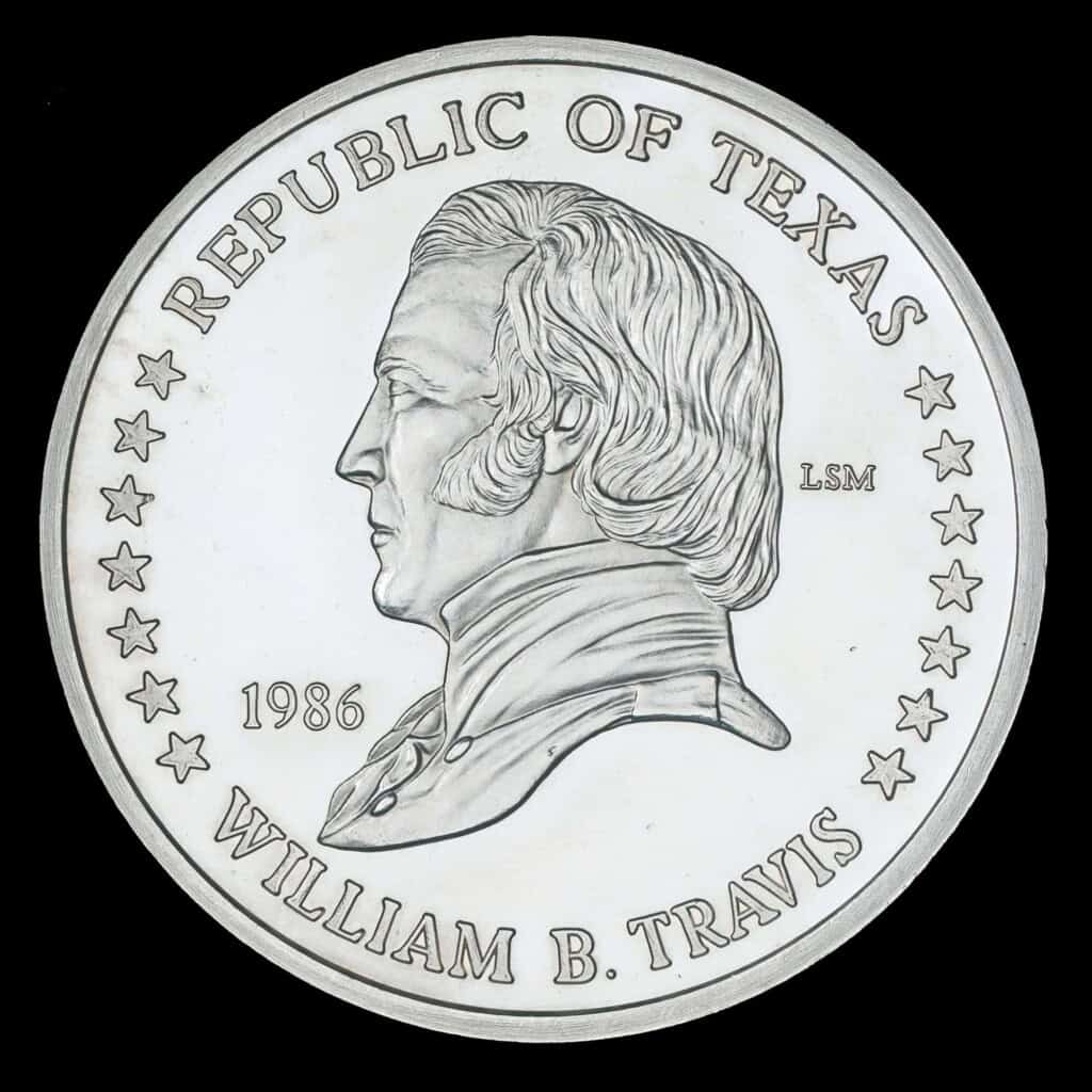 1986 William B. Travis Silver Round Obverse