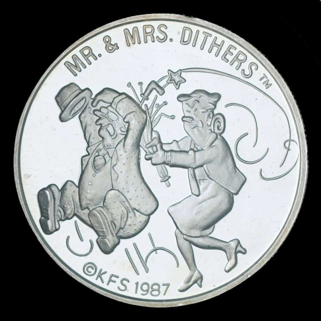 1987 Mr. & Mrs. Dithers AMC Cartoon Celebrities Silver Round Obverse
