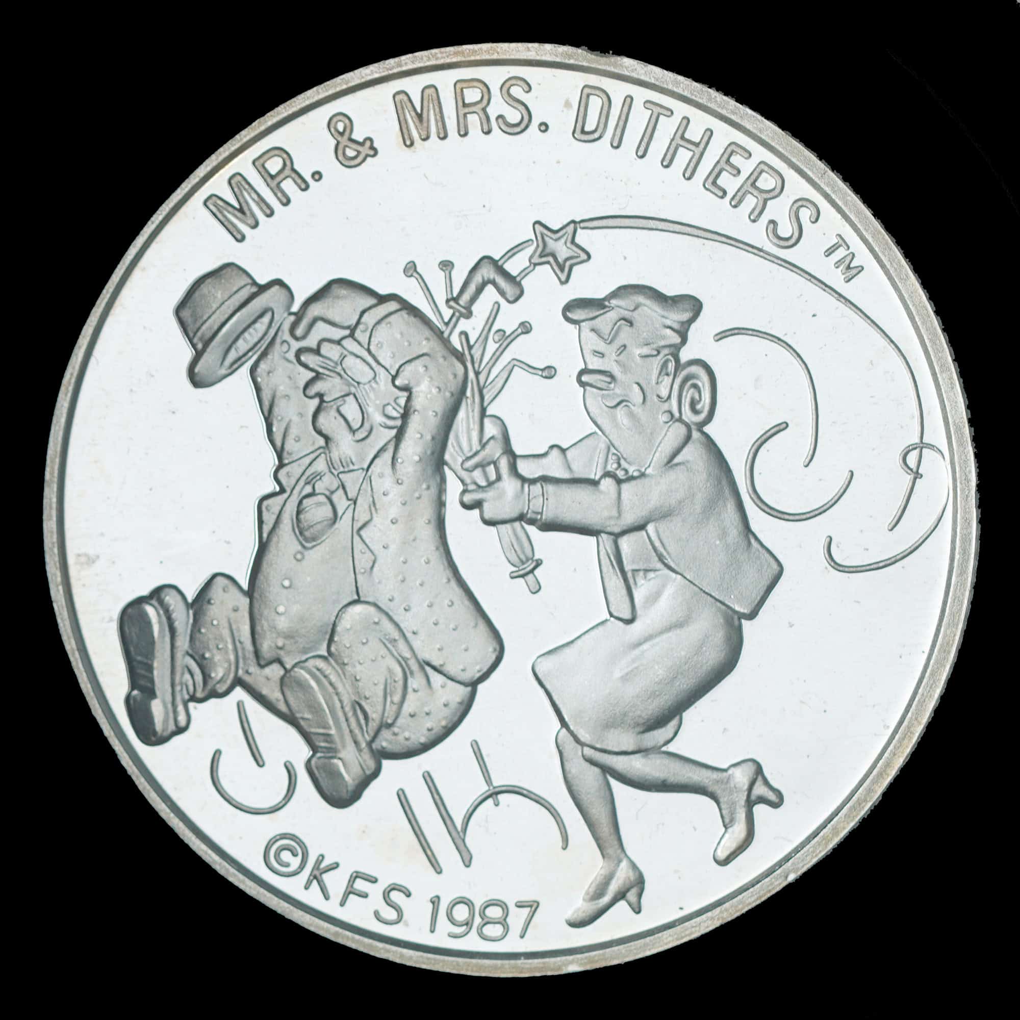 1987 Mr. & Mrs. Dithers AMC Cartoon Celebrities Silver Round