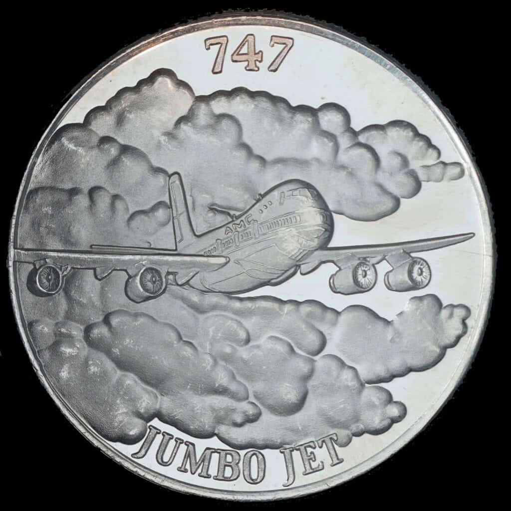 1987 747 Jumbo Jet AMC Silver Round Obverse