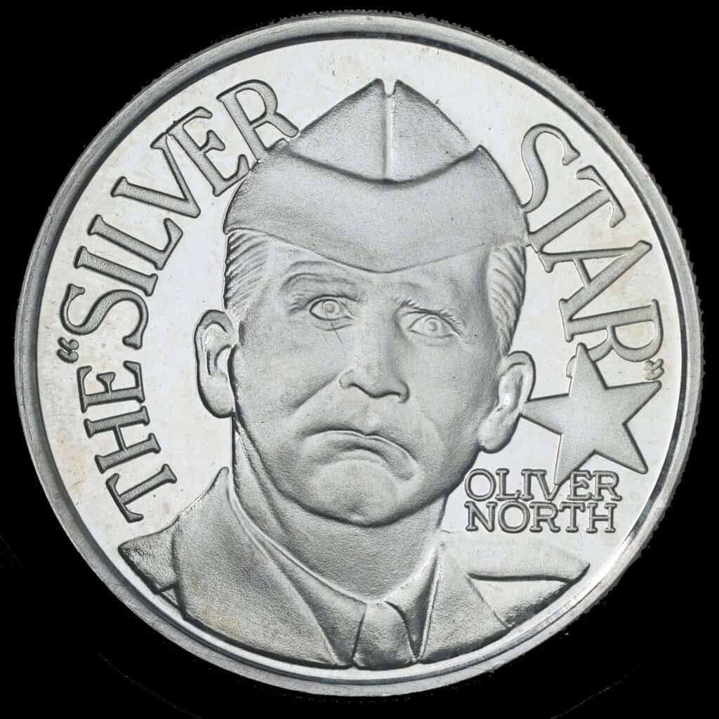 1987 Oliver North Silver Star Great Seal Silver Round Obverse