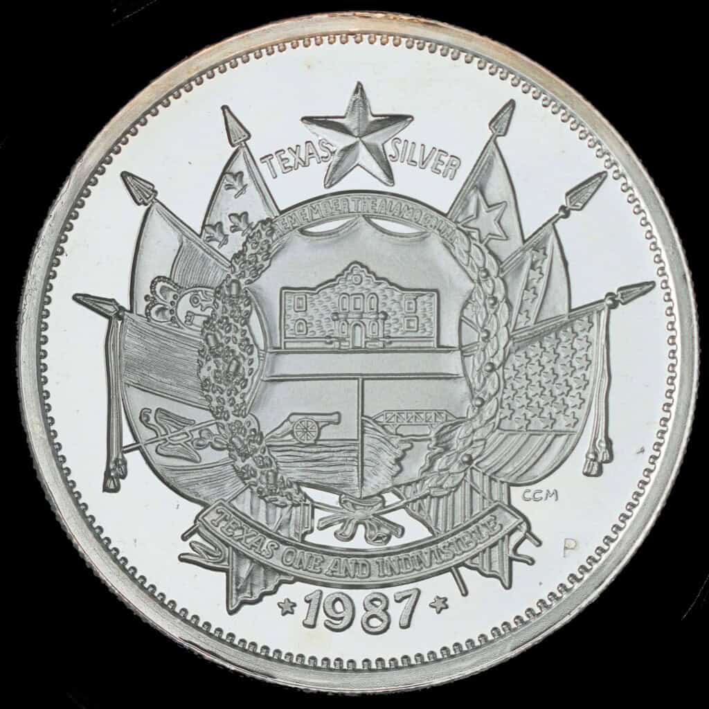 1987 State of Texas 1 oz Silver Round (CCM P) Obverse