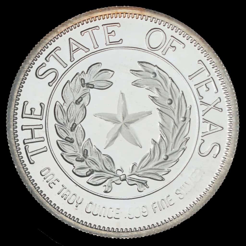 1987 State of Texas 1 oz Silver Round (CCM P) Reverse