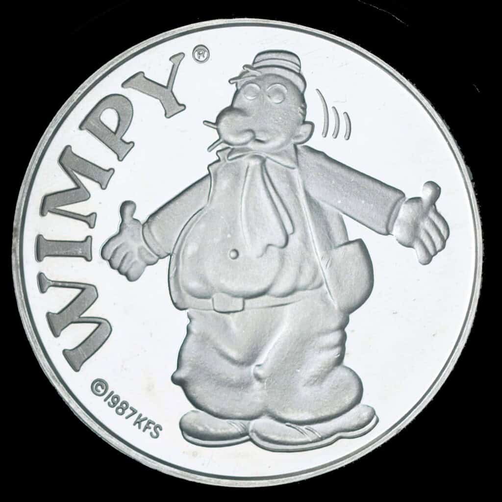 1987 Wimpy AMC Cartoon Celebrities Silver Round Obverse