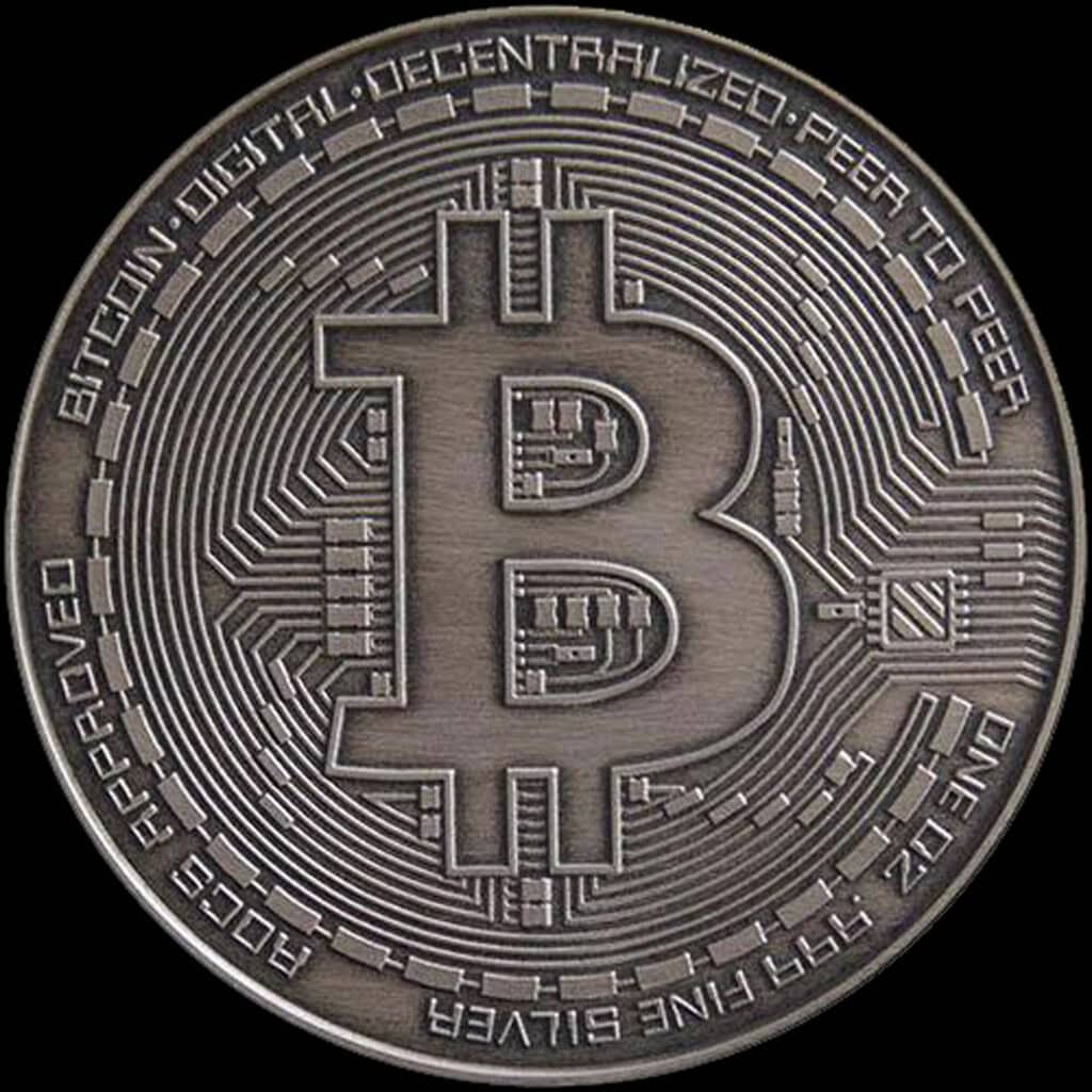 2016 Bitcoin Antiqued AOCS Approved Silver Round Obverse